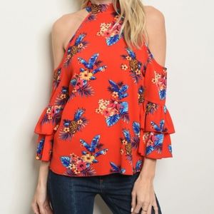 PINEAPPLE & FLORAL PRINT COLD SHOULDER PRINT TOP